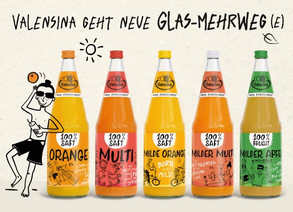 Bunt, farbenfroh und mit erfrischender Botschaft: Valensina setzt auf Fruchtsäfte in Mehrweg-Glasflaschen