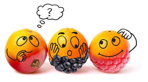 Orangen mit der Kleidung von drei verschiedenen Obstsorten