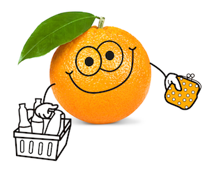 Orange mit Einkaufskorb und Geldbörse